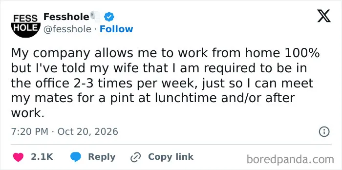 A screenshot containing anonymous confessions from a person lying about working in an office.