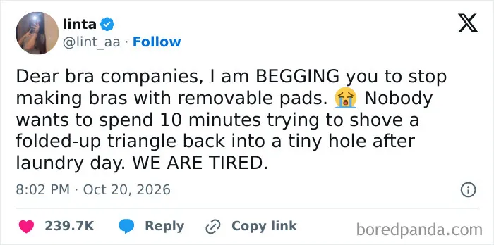 Funny tweet shared this October complaining about sports bras with removable pads.