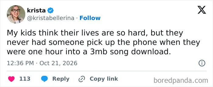 A funny post about downloading music on dial-up internet, included in a roundup of hilarious tweets.