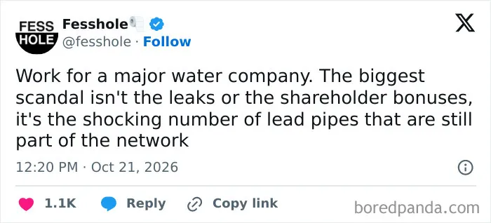 Anonymous confessions online post revealing a secret about lead pipes in a water company.