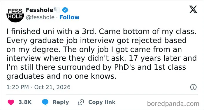 Social media text showing anonymous confessions about hiding a low university degree grade at work.