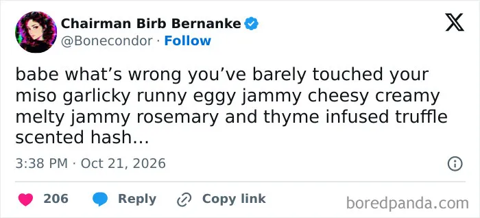 Hilarious October tweets about overcomplicated gourmet food descriptions.