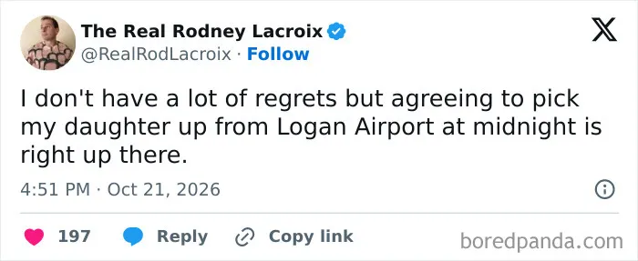 Relatable parenting tweet about the regret of picking up a daughter from the airport at midnight.