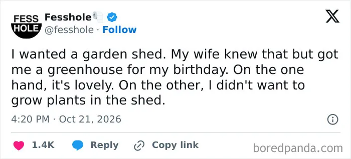 Online post featuring anonymous confessions about receiving a greenhouse instead of a garden shed.