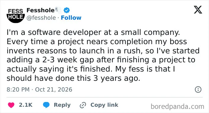Anonymous confessions post about a software developer padding project completion timelines.