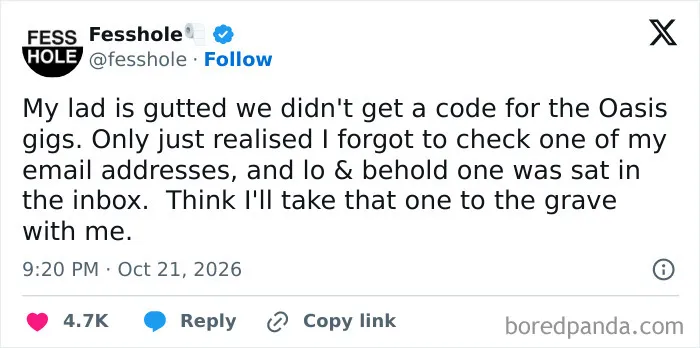 Anonymous confessions post about a person hiding an Oasis gig ticket code from their son.