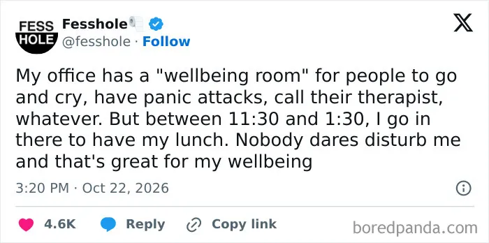 Anonymous confessions post sharing a story about eating lunch in an office wellbeing room.