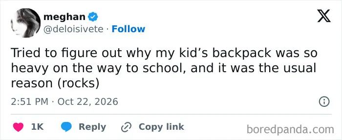 Humorous tweet about a kid's heavy backpack filled with rocks in a list of parenting tweets.