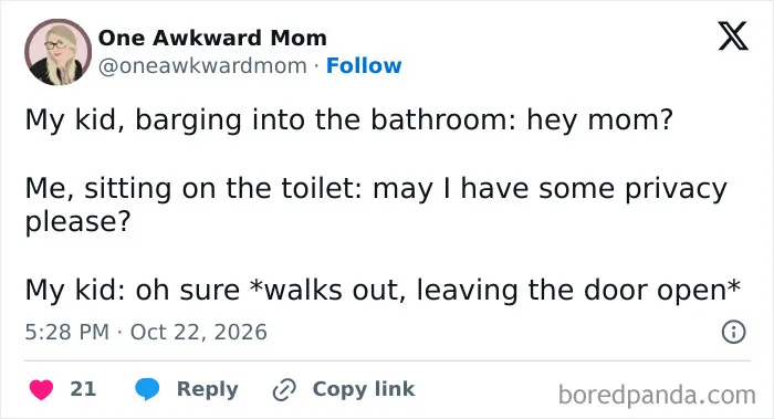 Parenting tweet describing a child barging into the bathroom and leaving the door wide open.
