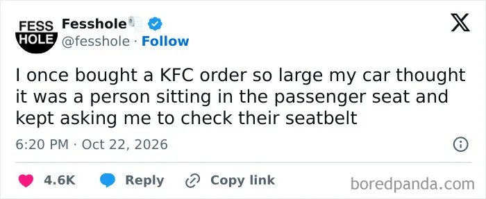 Anonymous confessions tweet about buying a KFC order big enough to trigger the passenger seatbelt alarm.