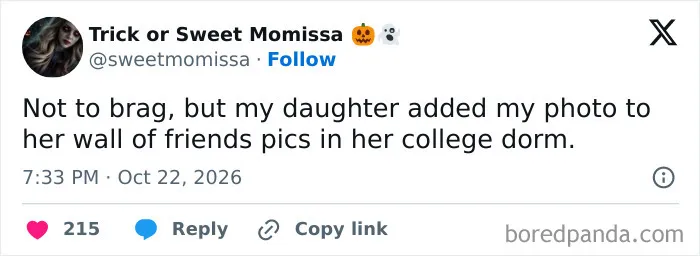 Heartwarming post included in parenting tweets showing a mother proud to be on her daughter's dorm wall.