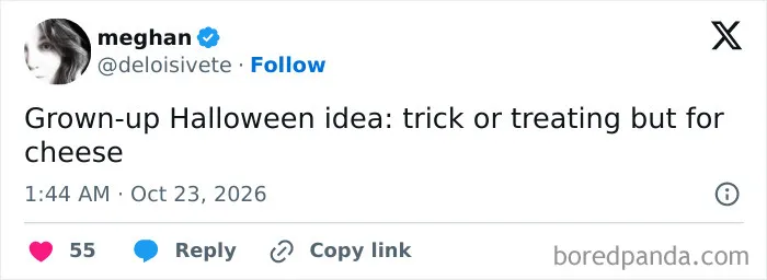 Parenting tweet proposing a grown-up Halloween trick or treating idea involving cheese
