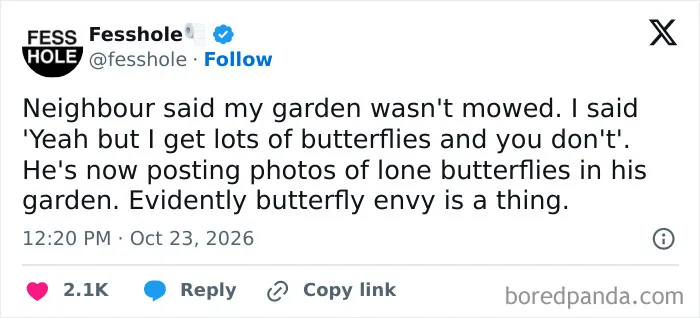 Anonymous confessions social media post about garden envy over butterflies between neighbors.