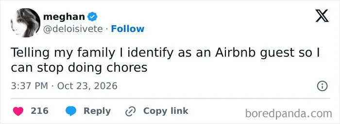 Humorous parenting tweet about identifying as an Airbnb guest to avoid household chores