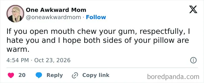Humorous tweet about open mouth gum chewers, part of a round-up of funny parenting tweets.
