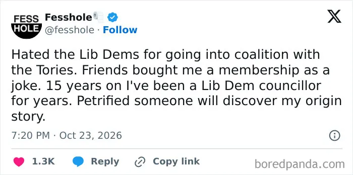 Anonymous confessions about becoming a politician after joining a party as a joke.