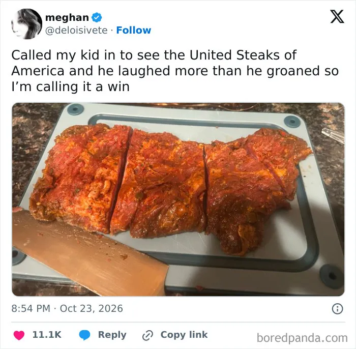Parenting tweets featuring a funny photo of steak shaped like the USA.