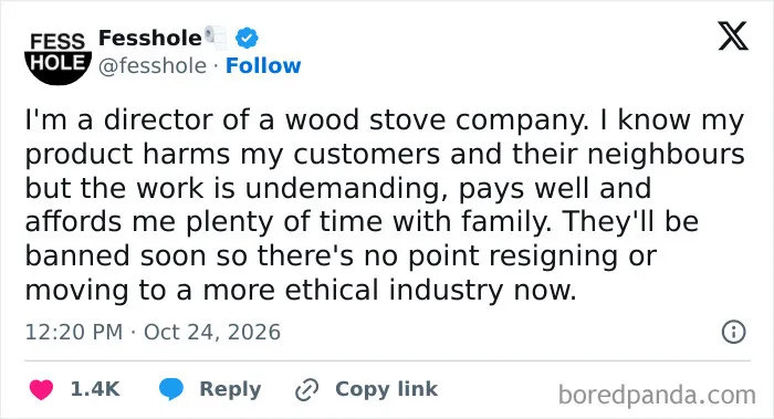 Anonymous confessions tweet from a wood stove company director about ethical dilemmas.