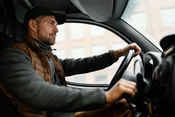 Man driving a vehicle attentively, moving forward through challenging divorce stories.
