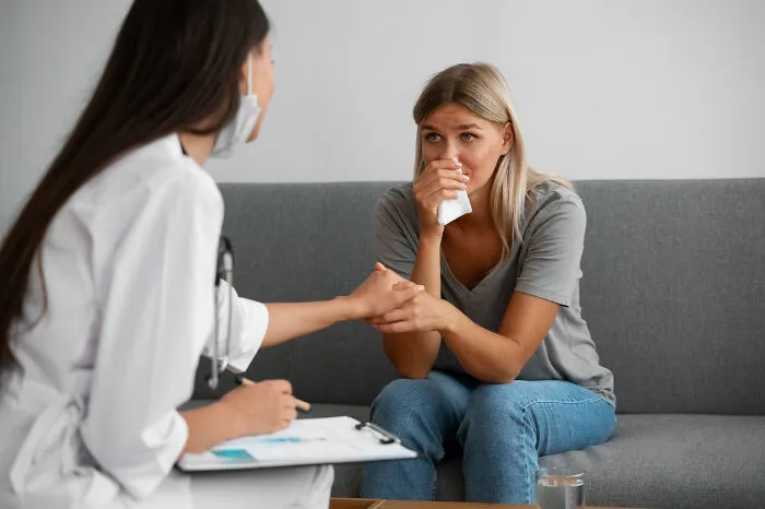 Doctor comforting upset woman holding tissue in emotional medical appointment