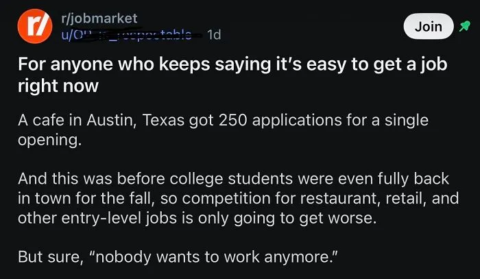 Reddit post about high competition for jobs at an Austin cafe with 250 applications