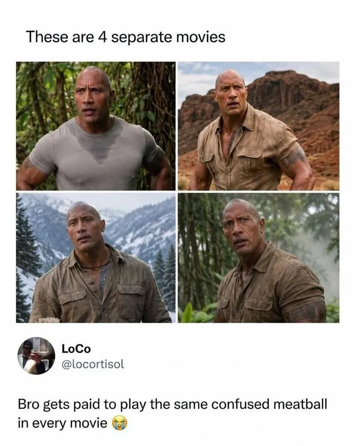 Funny memes showing actor Dwayne Johnson in four different movie scenes looking confused.