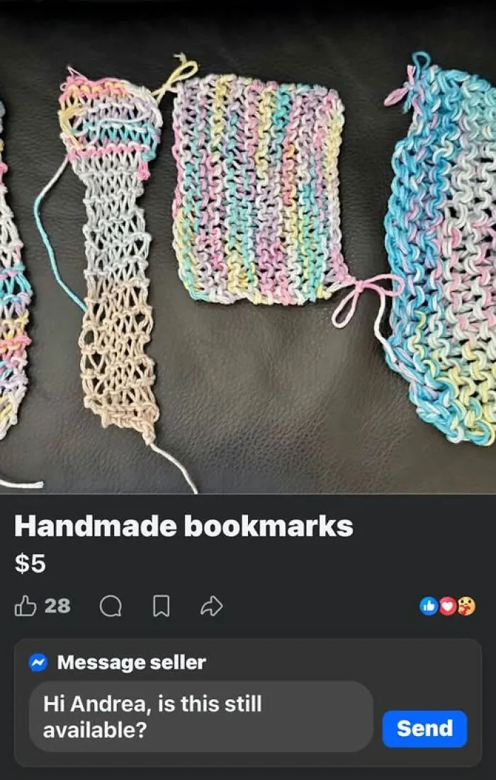 Misaligned knitted rectangular bookmarks in pastel colors as hilarious crafts.