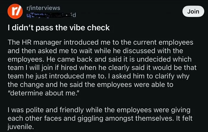 Reddit post about not passing a vibe check during a job interview