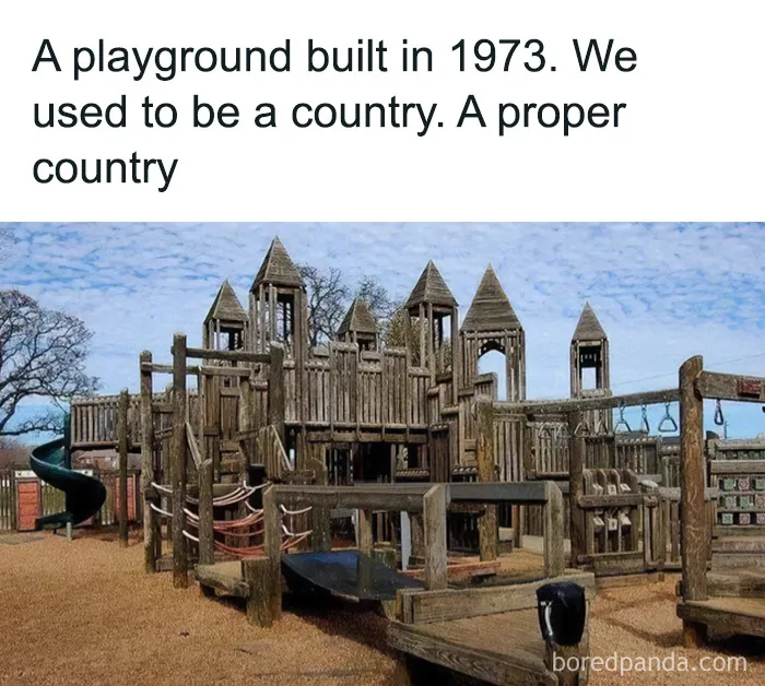 Massive wooden castle playground structure fitting for funny cringe construction fails memes.