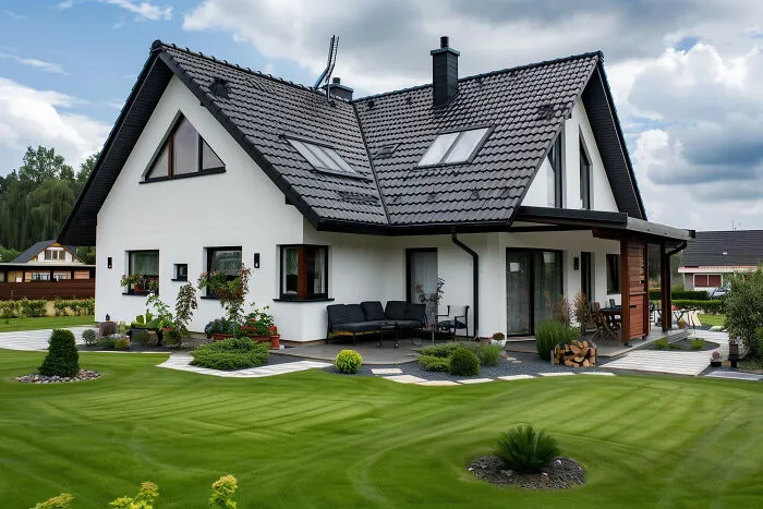 A modern suburban home with a manicured lawn, tied to real-life divorce stories.