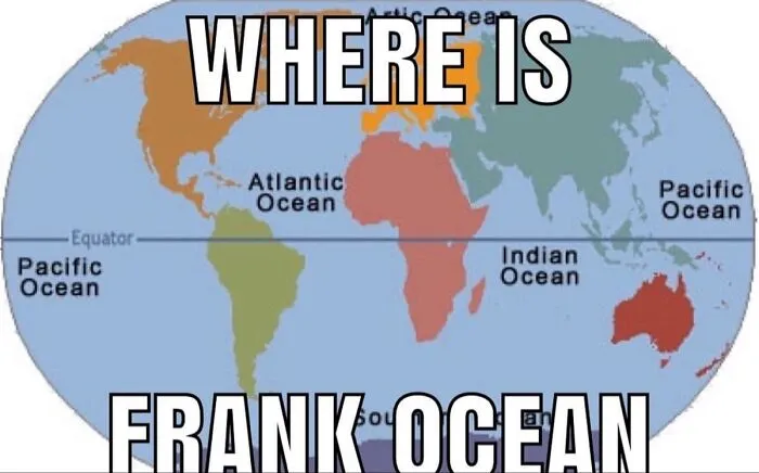 Absurd internet post showing a world map with text asking Where is Frank Ocean.