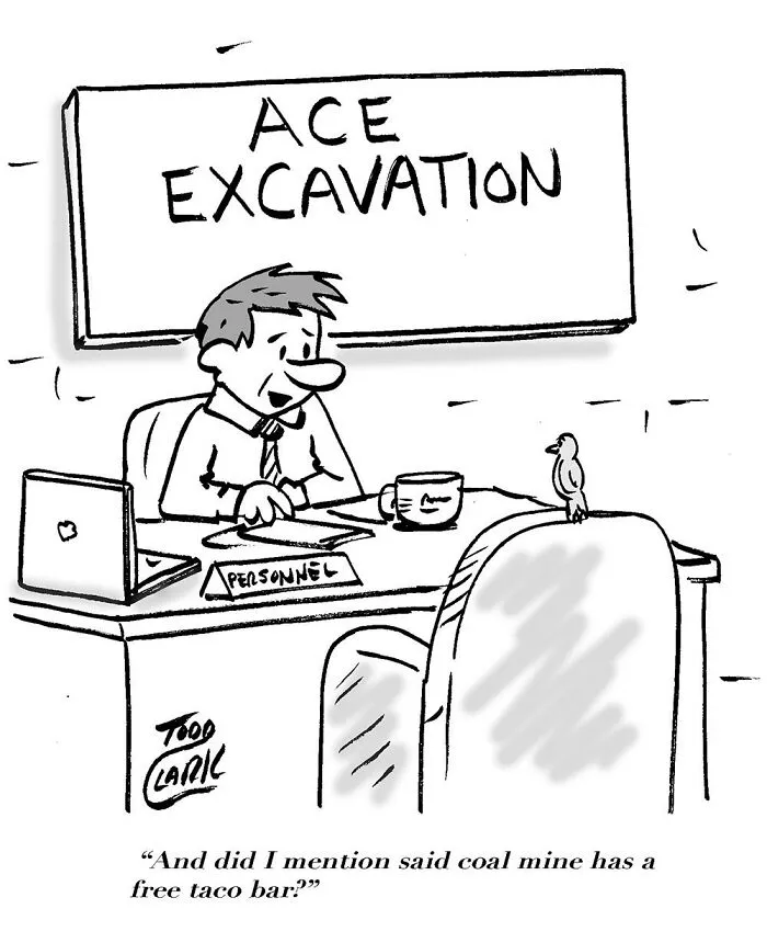 Satirical comics showing a bird being interviewed for a job at a coal mine.
