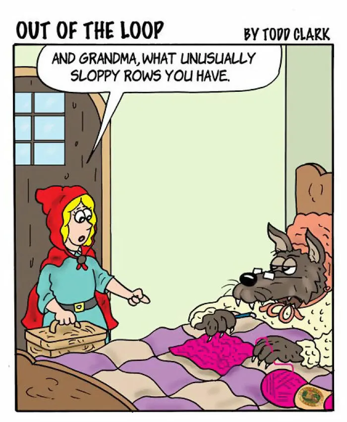 A satirical comic of Little Red Riding Hood talking to the Big Bad Wolf, depicting ridiculous situations in fairy tales.