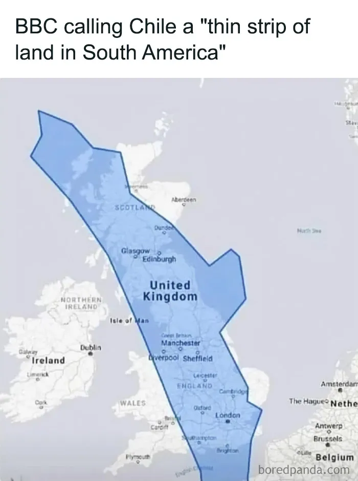 A map comparison of Chile over the UK, featured in British memes.
