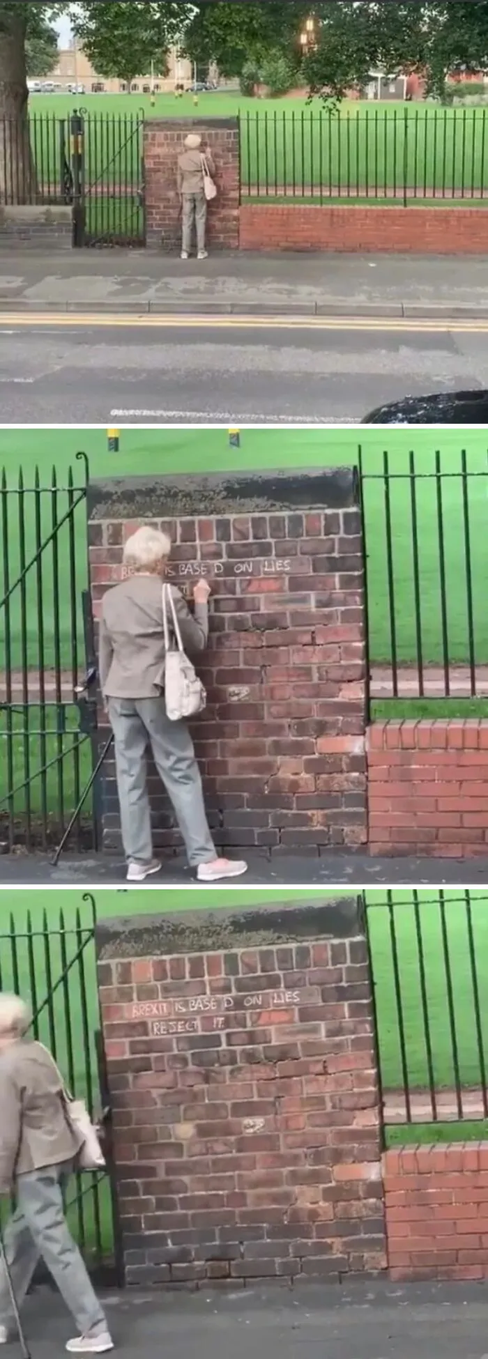 Clever vandalism on a brick wall reading Brexit is based on lies, reject it.
