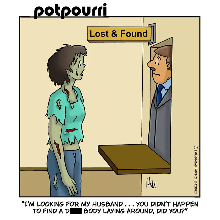 A female zombie at a lost and found desk asking about her missing husband in a comic by Laughing Hippo Studio.