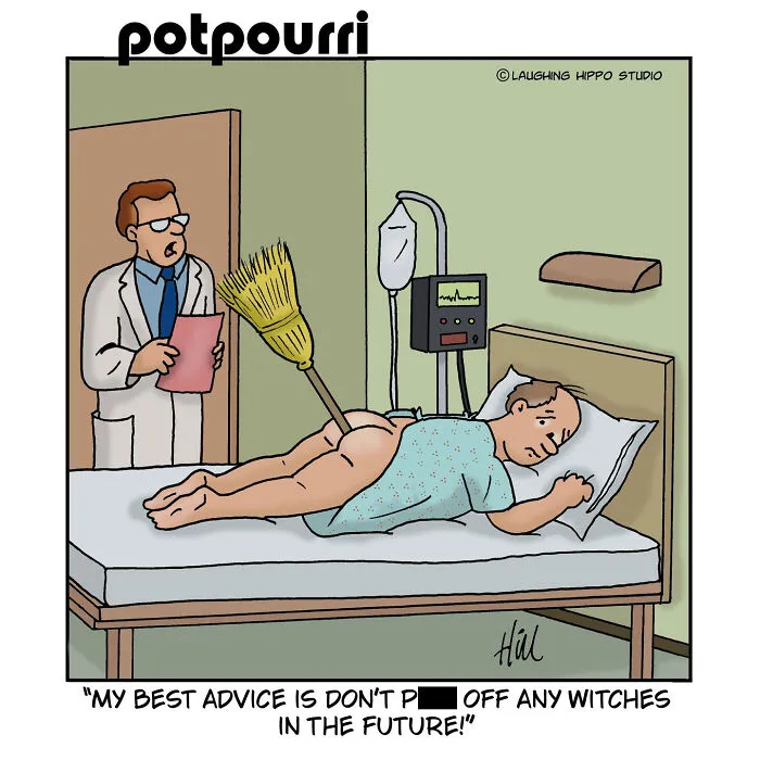 A doctor giving advice to a patient with a broom stuck in his rear end in a comic by Laughing Hippo Studio.