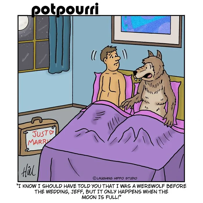 A man lying in bed with a werewolf on their honeymoon in a one-panel comic by Laughing Hippo Studio.