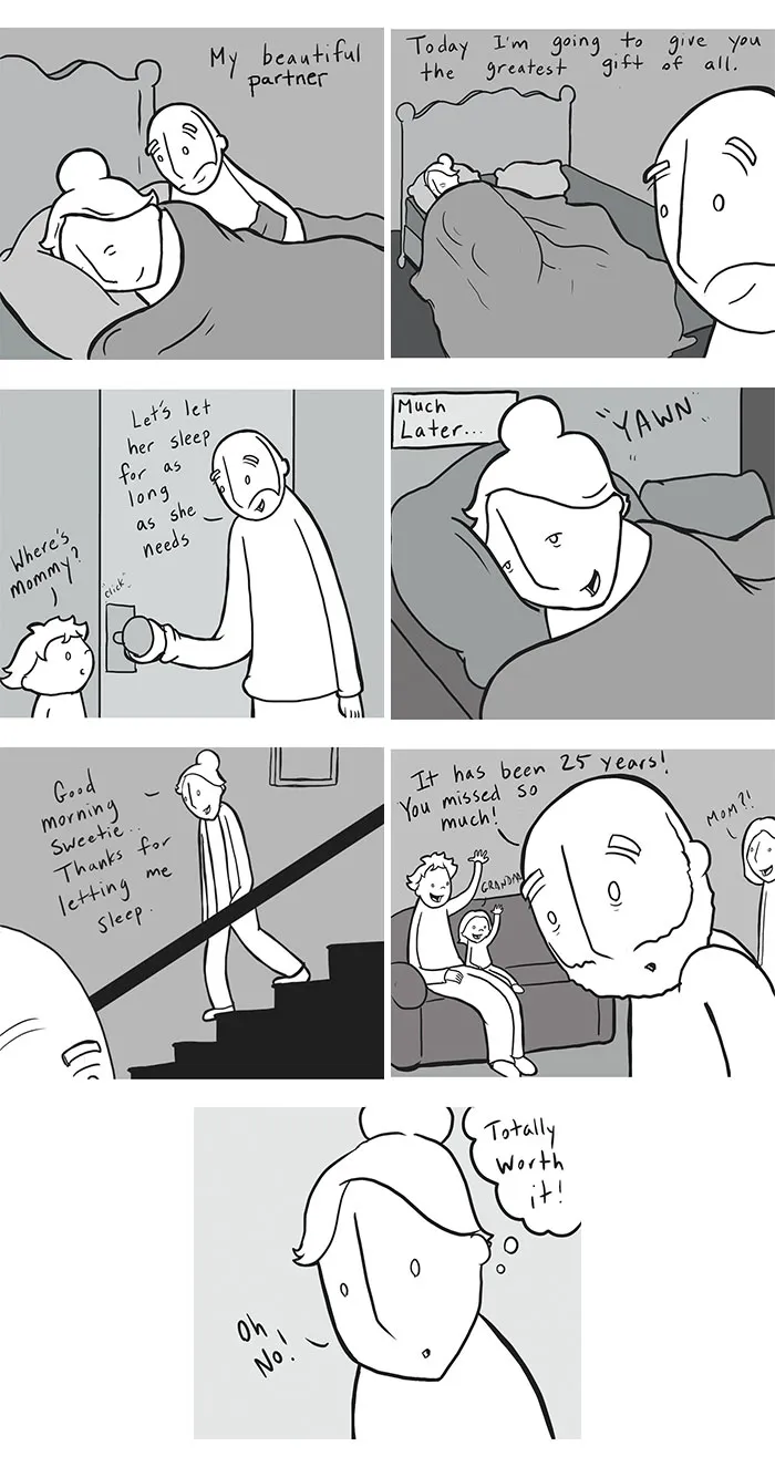 Comic showing a partner sleeping in and family valuing rest as a gift
