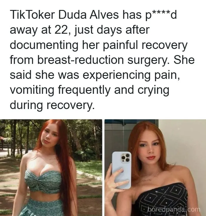 Two side-by-side photos of TikToker Duda Alves, illustrating creepy facts about her untimely passing