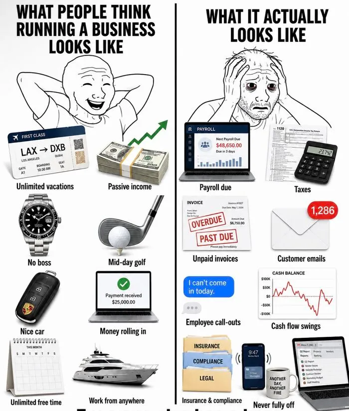 Financial dystopia meme comparing running a business expectations vs reality struggles