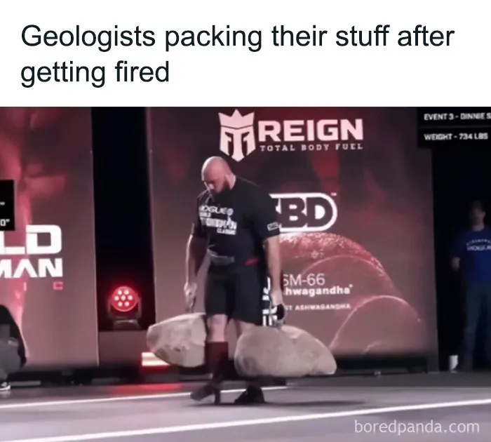 Strongman lifting heavy rocks labeled as geologists packing after getting fired