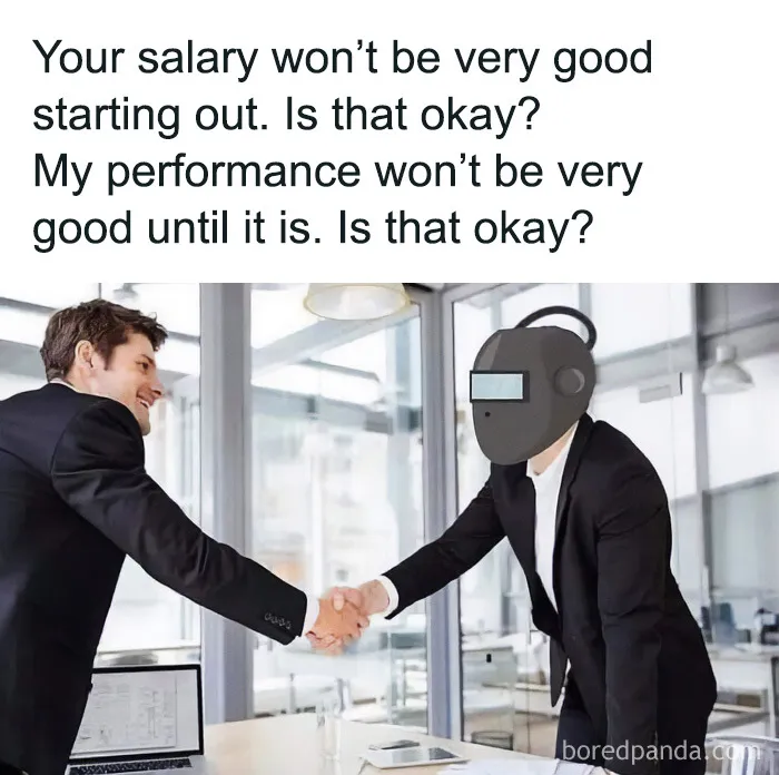 Funny construction fail meme showing a job interview handshake with a welder helmet.