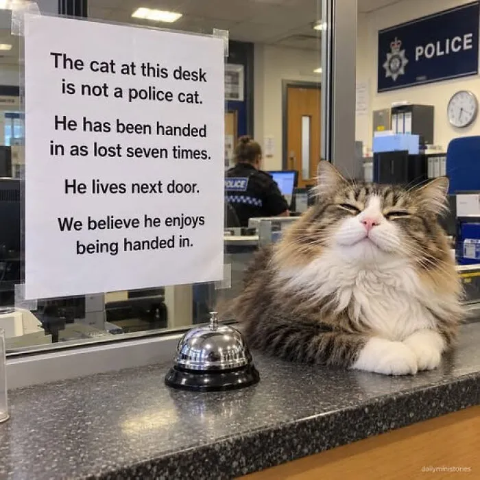 Wholesome memes photo of a smug cat sitting at a police station counter next to a notice sign