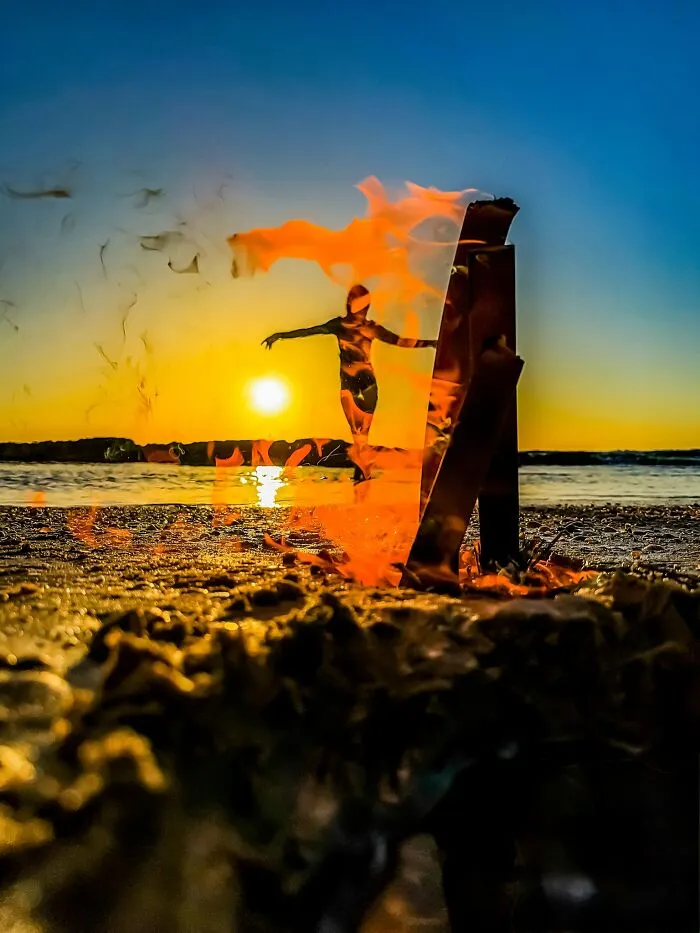 Sunset beach fire with silhouette in iPhone photography