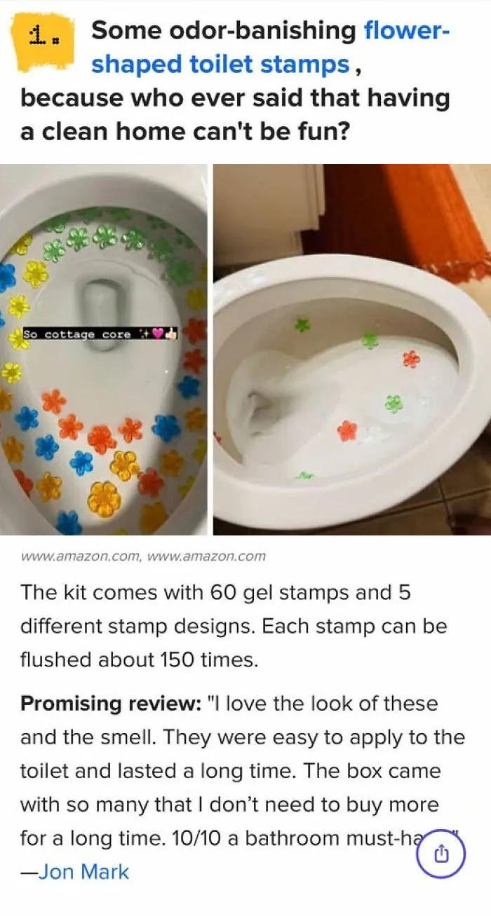 Flower-shaped gel toilet stamps inside toilet bowls as hilarious crafts.