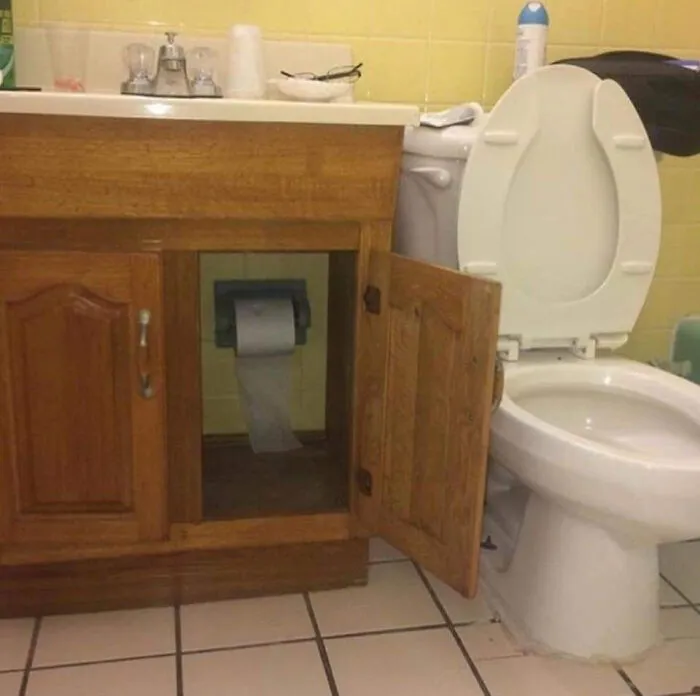 Toilet paper holder mounted inside a bathroom cabinet next to the toilet, showing a renovation fiasco.