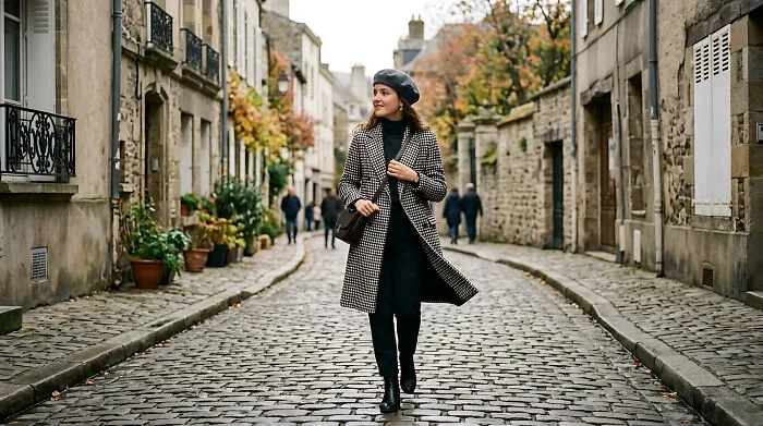 A stylish woman walking on a street, feeling alert as strangers said unsettling things.