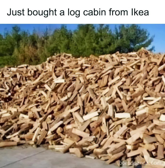 Giant pile of chopped firewood outdoors representing funny cringe construction fails memes.