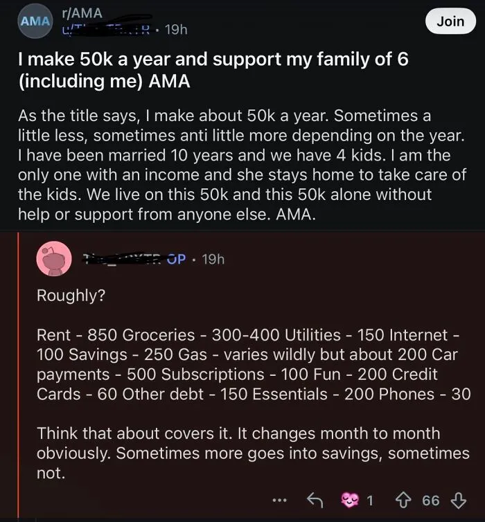 Reddit AMA post about supporting a family of six on a 50k yearly income budget